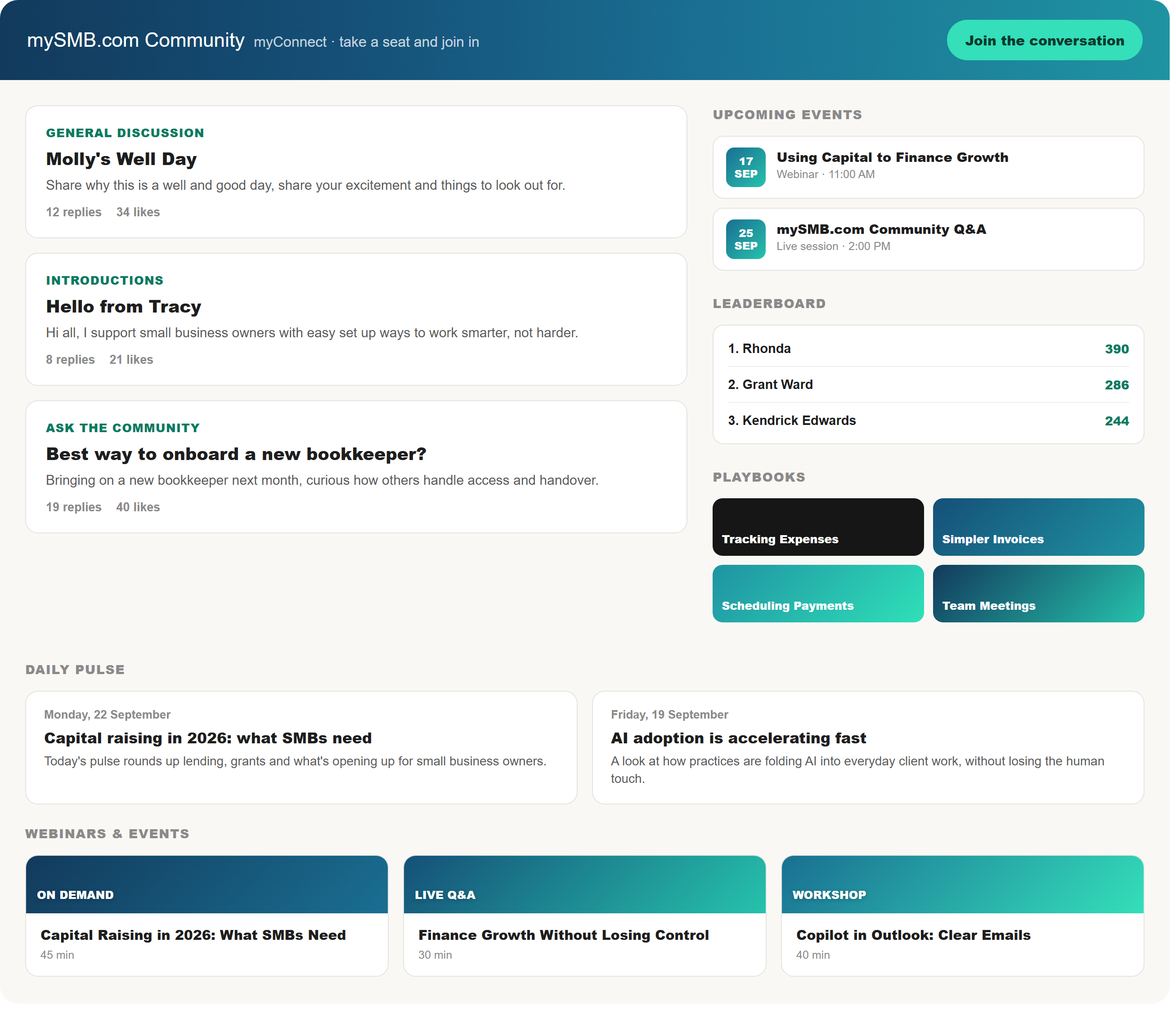 mySMB.com Community feed, Daily Pulse and Playbooks