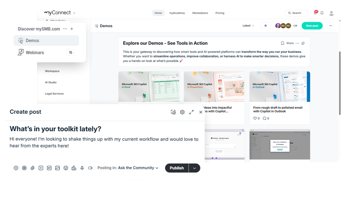 myConnect community feed and demo library