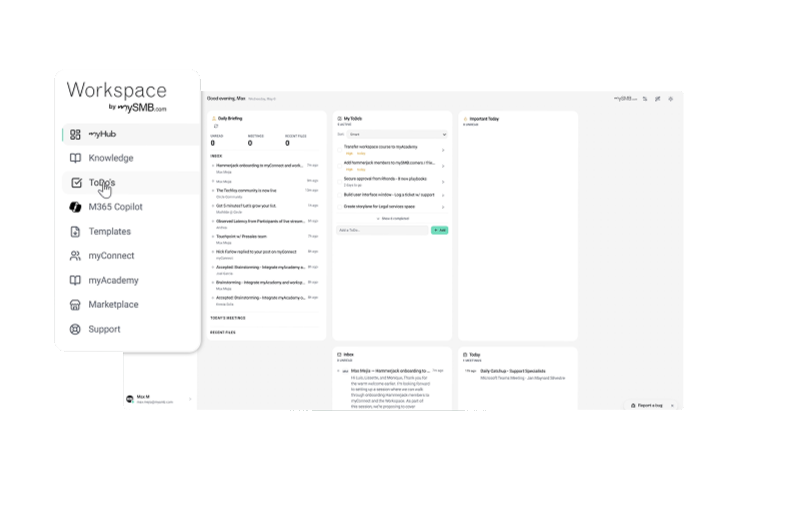 mySMB.com Workspace showing myHub, tasks and recent activity