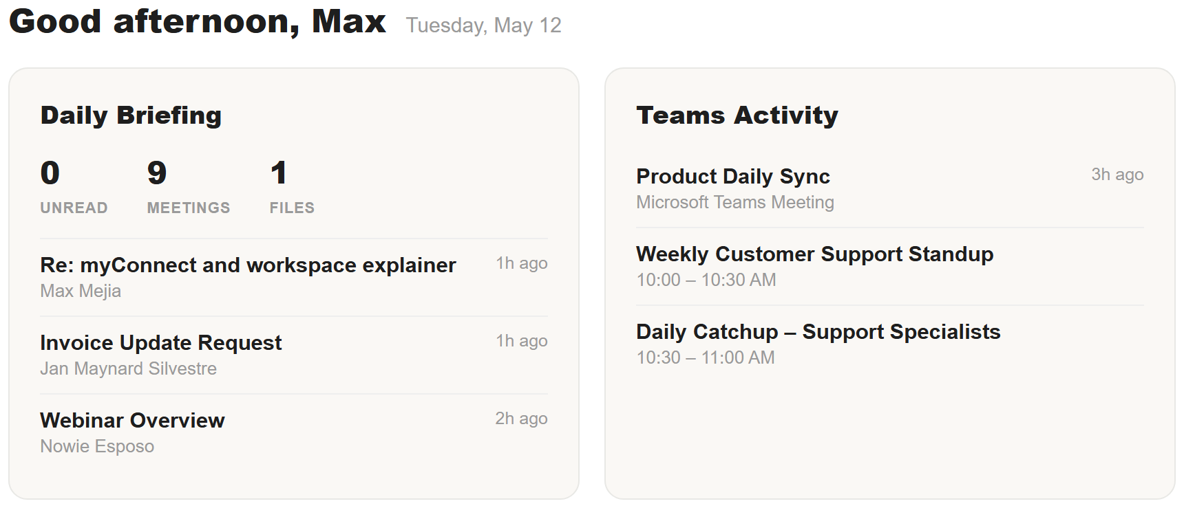 myHub daily view in mySMB.com Workspace