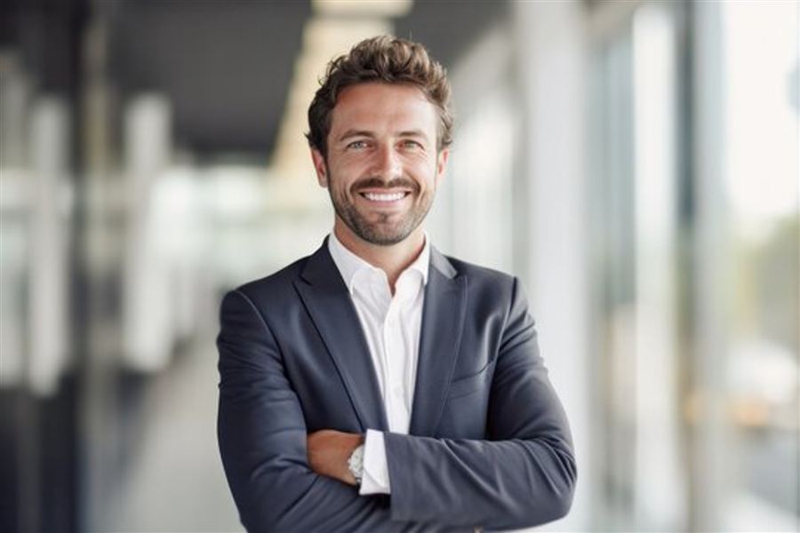 A professional in a suit, arms crossed, in an office setting