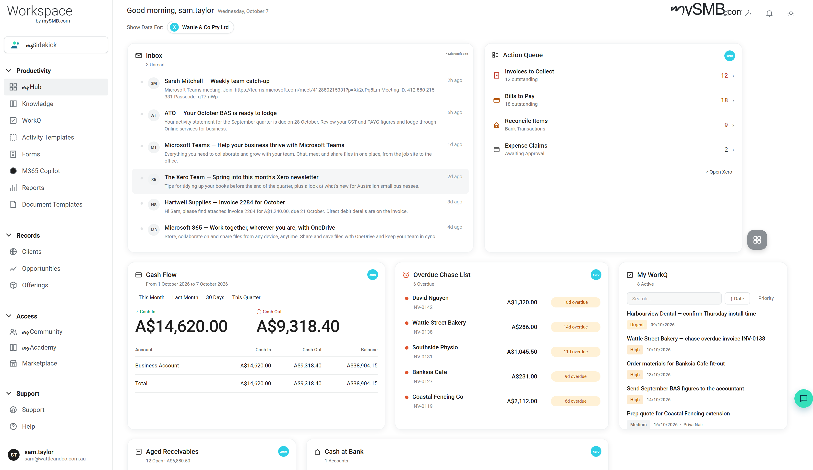 mySMB.com Workspace dashboard showing tasks, records and business activity